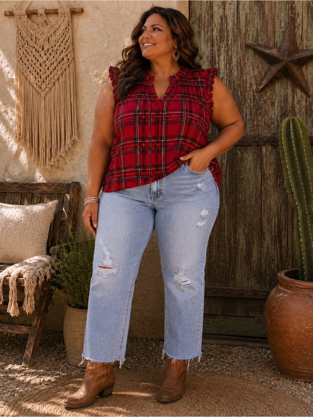 Lane Bryant Size 26/28 | Red Plaid Ruffle Sleeveless Blouse | Country